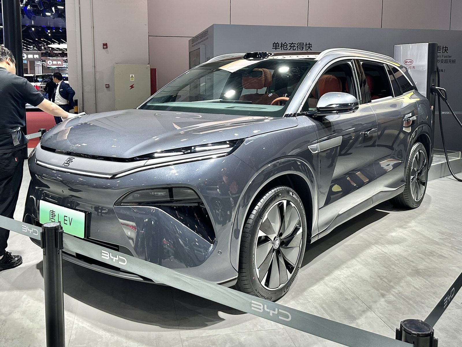 BYD Tang L EV at a BYD flash-charging station — the same vehicle sold in Europe as the Atto 8.
