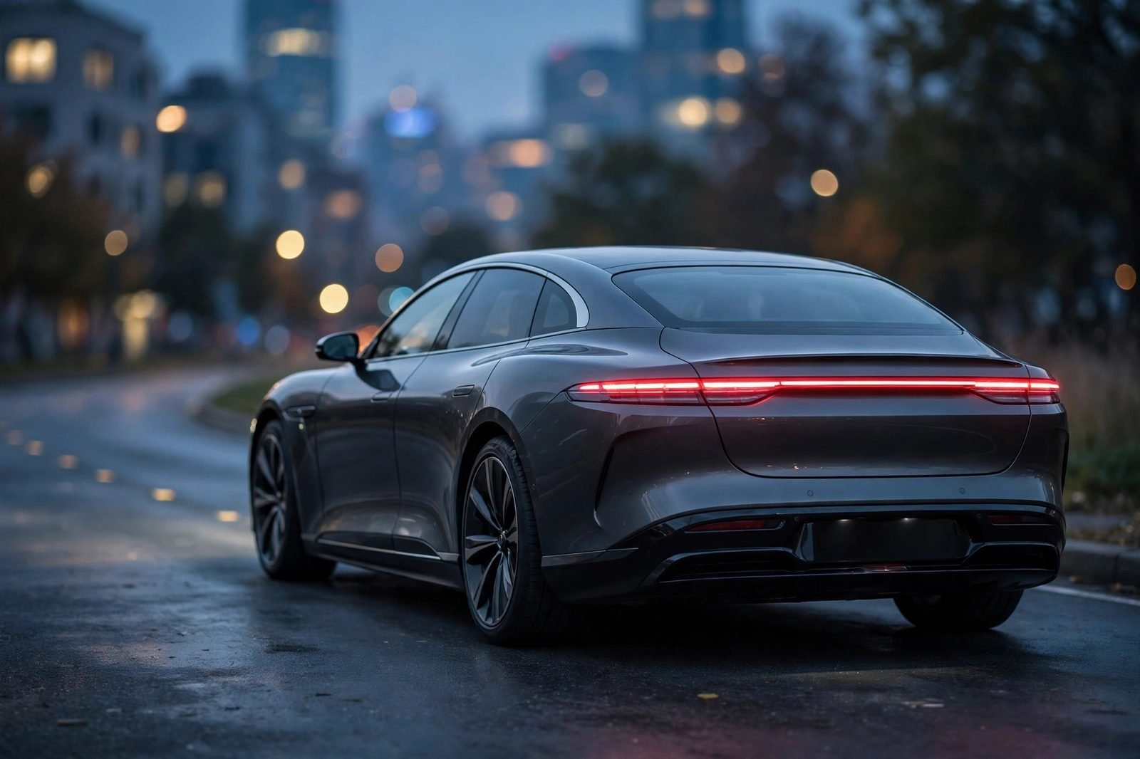 Rear view of a large flagship electric sedan with a full-width LED taillight bar at dusk.