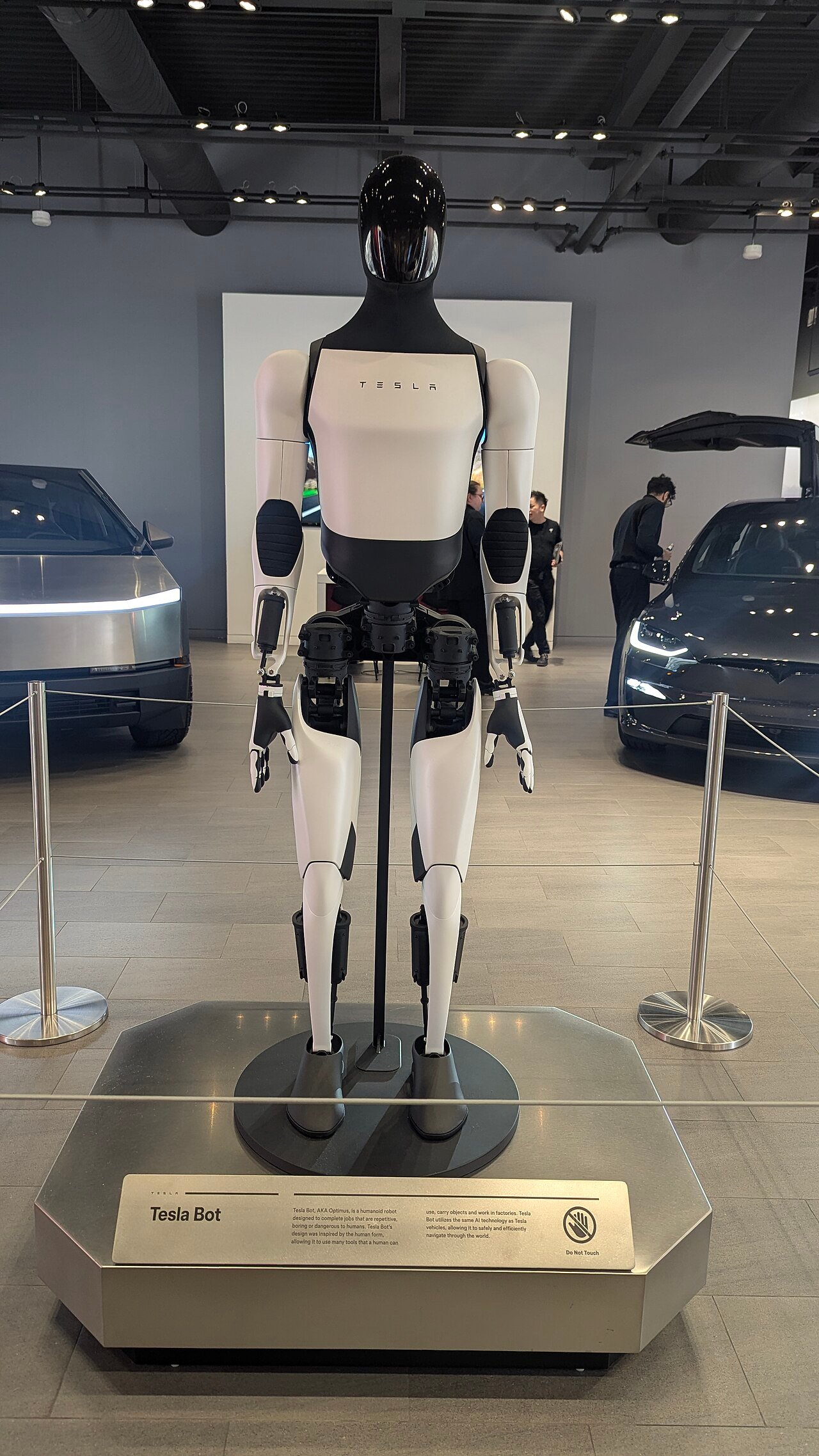 Tesla Optimus humanoid robot on display in a Tesla showroom