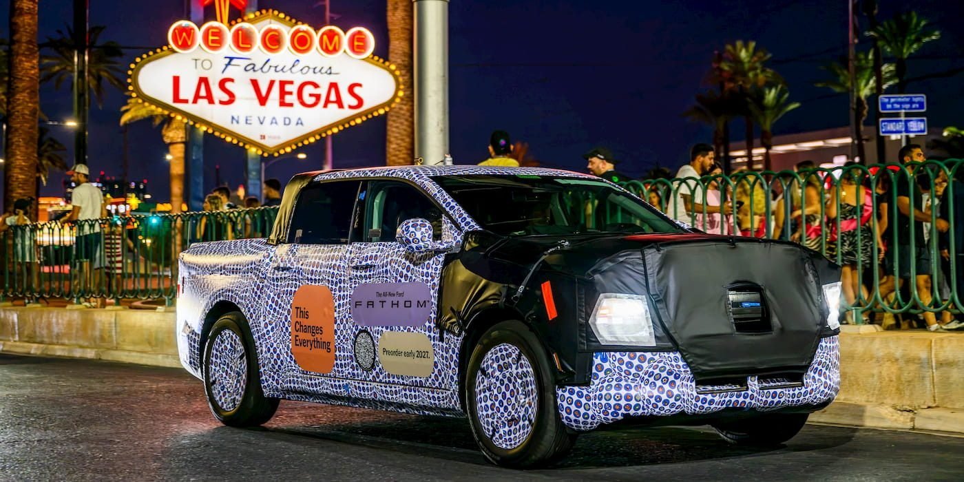 A camouflaged Ford Fathom prototype photographed in Las Vegas during hot-weather testing