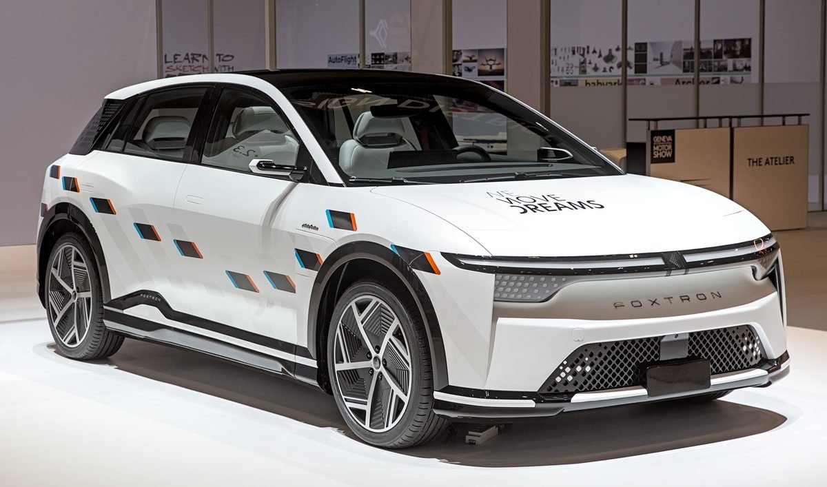 The Foxtron Model B electric crossover on display at the 2024 Geneva auto show