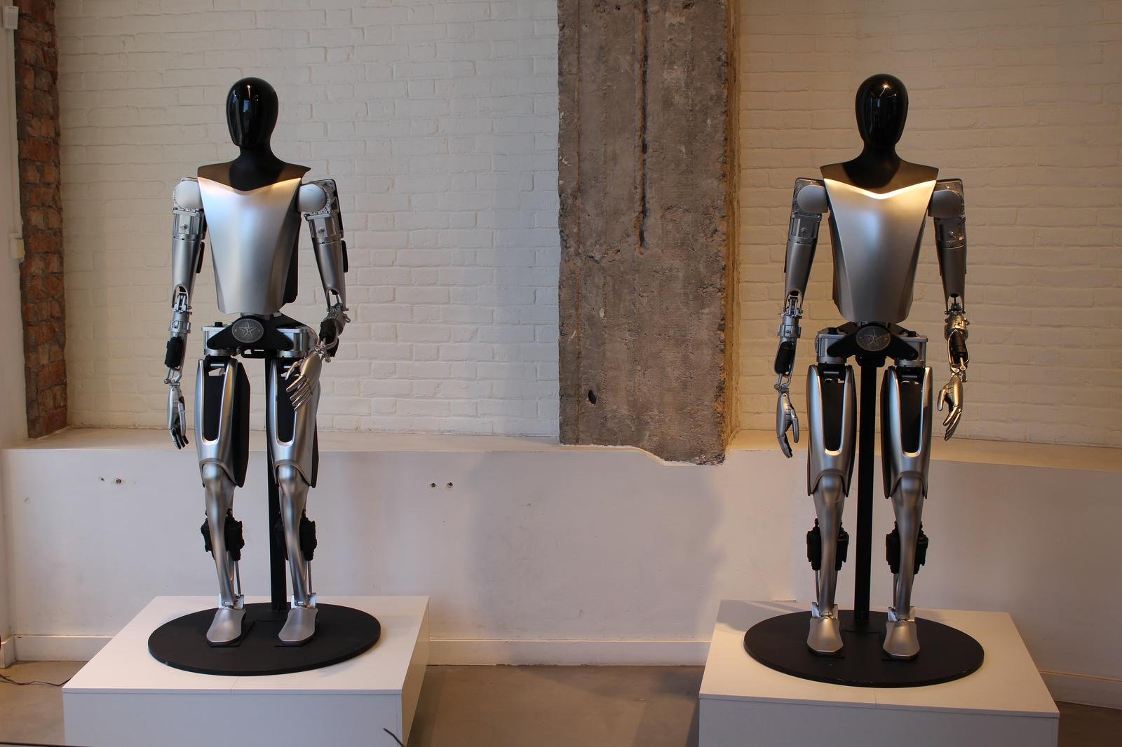 Two Tesla Optimus humanoid robots on display in Stockholm