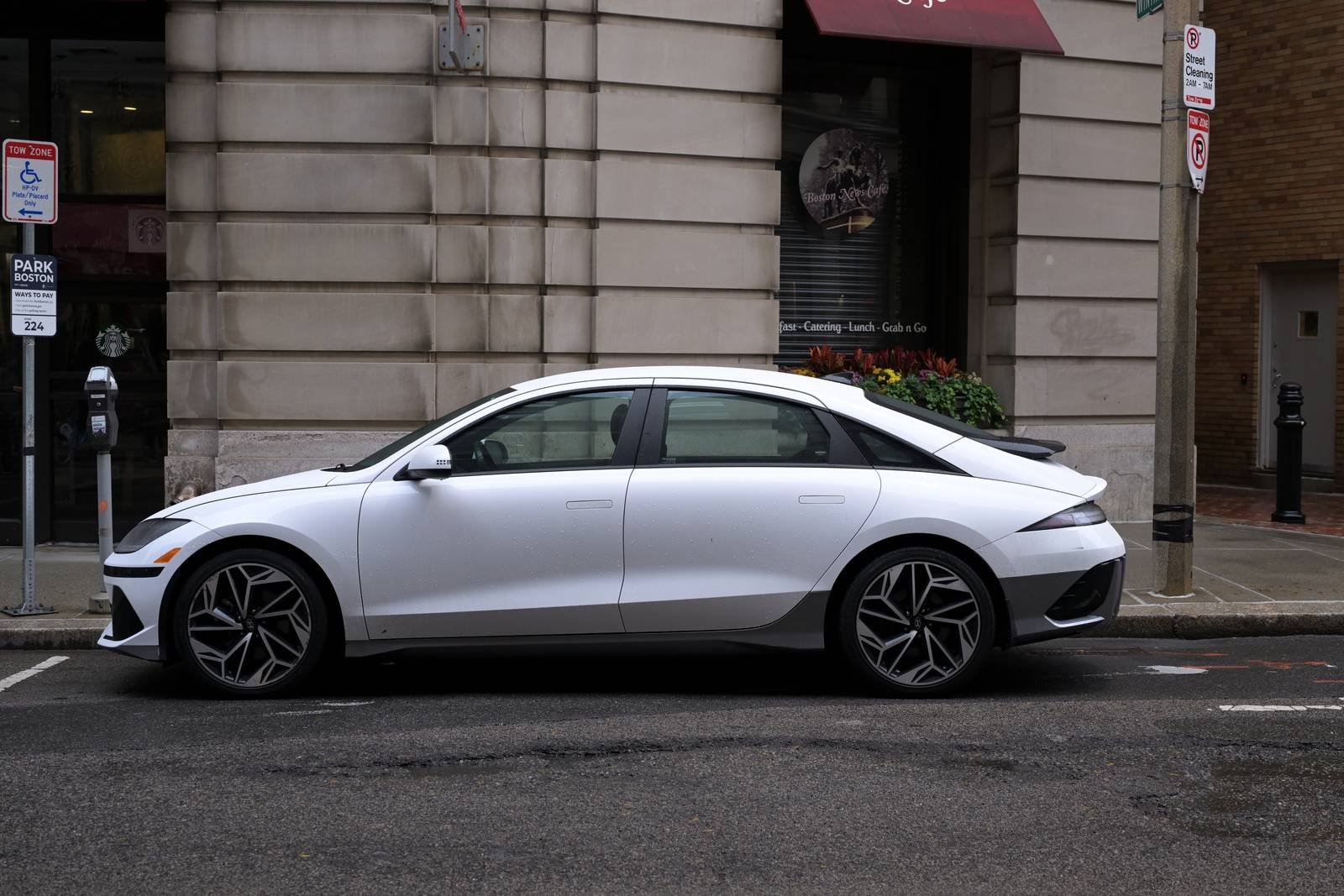 White Hyundai Ioniq 6 parked on a street in Boston