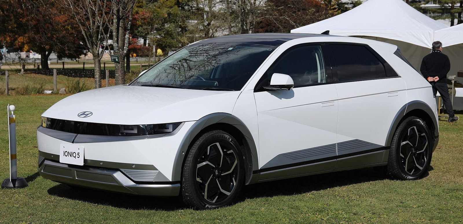 A white Hyundai Ioniq 5 parked on grass — the best-selling EV in America not made by Tesla.