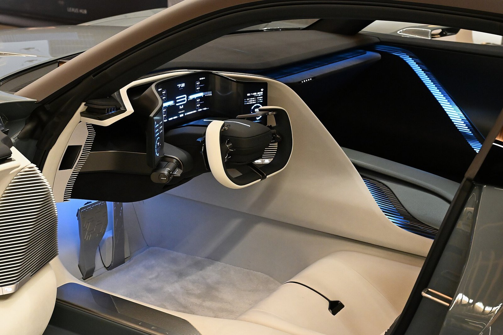 Lexus LFA Concept cockpit with yoke steering wheel and shift paddles