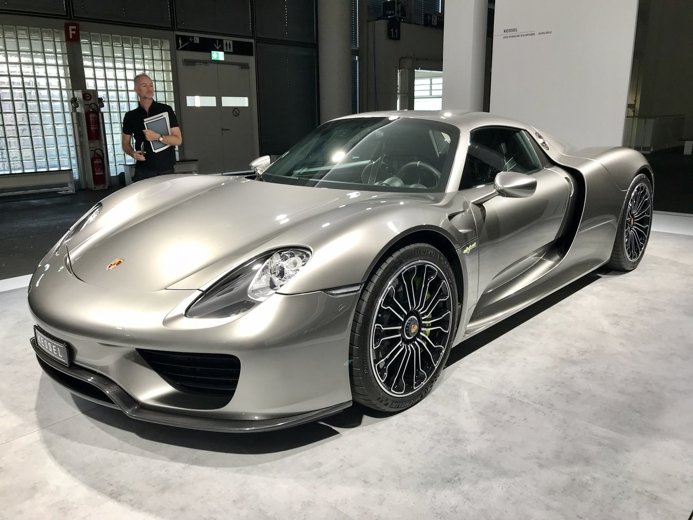 A silver Porsche 918 Spyder on display. Reports suggest the Mission S production car, codenamed S1, could use a twin-turbo flat-eight.
