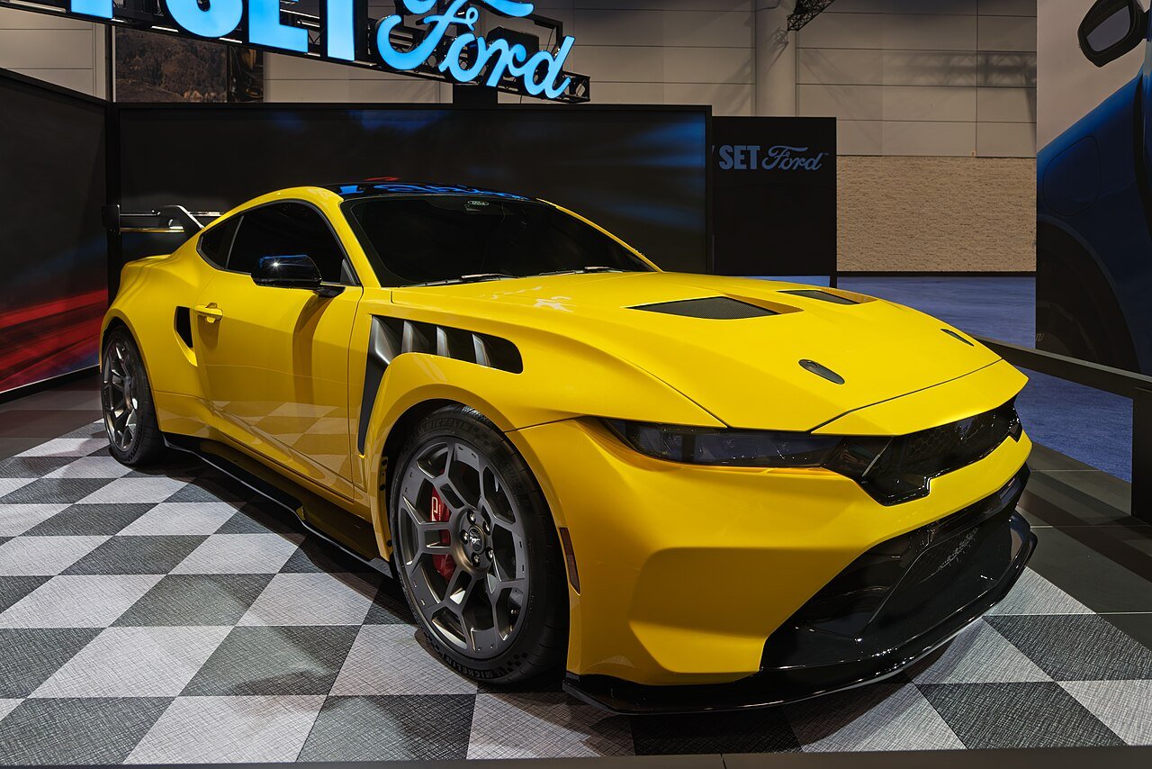Yellow Ford Mustang GTD front three-quarter view
