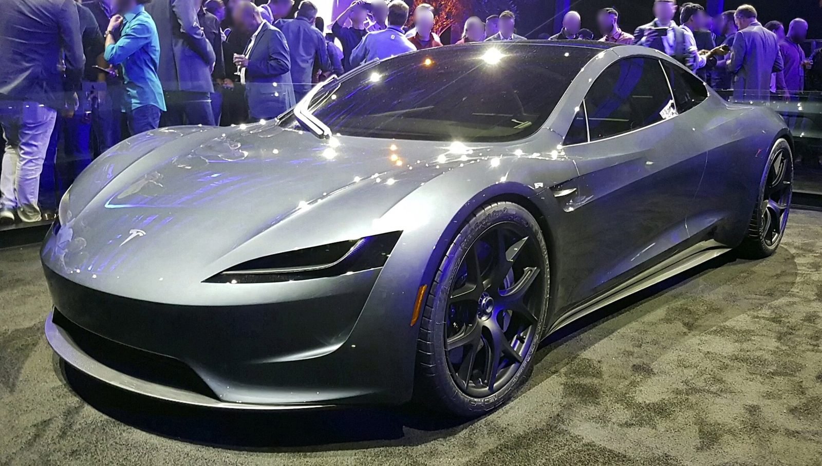 The 2017 Tesla Roadster prototype at its unveiling. Musk has since claimed the production car could dip under one second to 60 mph with a SpaceX thruster package.