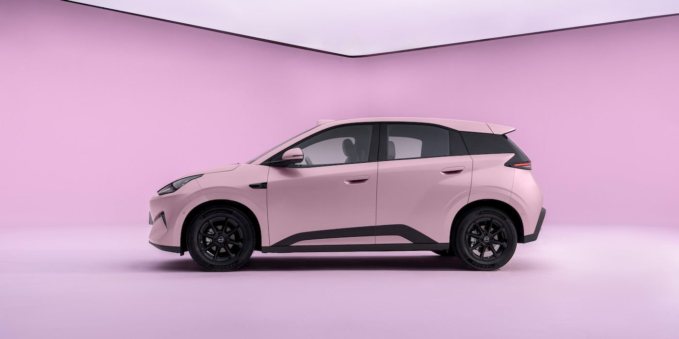 Second-generation BYD Seagull electric hatchback in pink, studio side profile