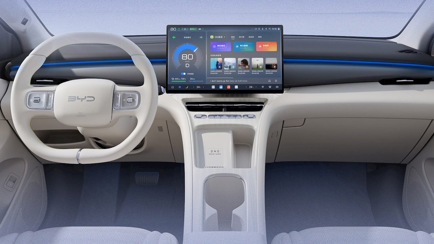 Second-generation BYD Seagull interior with 15.6-inch touchscreen and white steering wheel