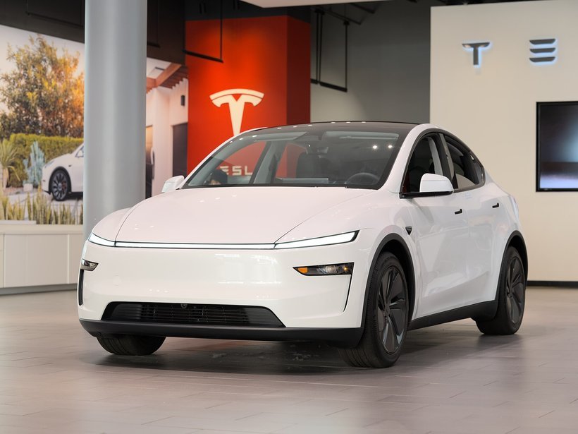 A 2025 Tesla Model Y at a Tesla showroom — driverless Model Ys like this one run the Robotaxi service in Houston and Dallas
